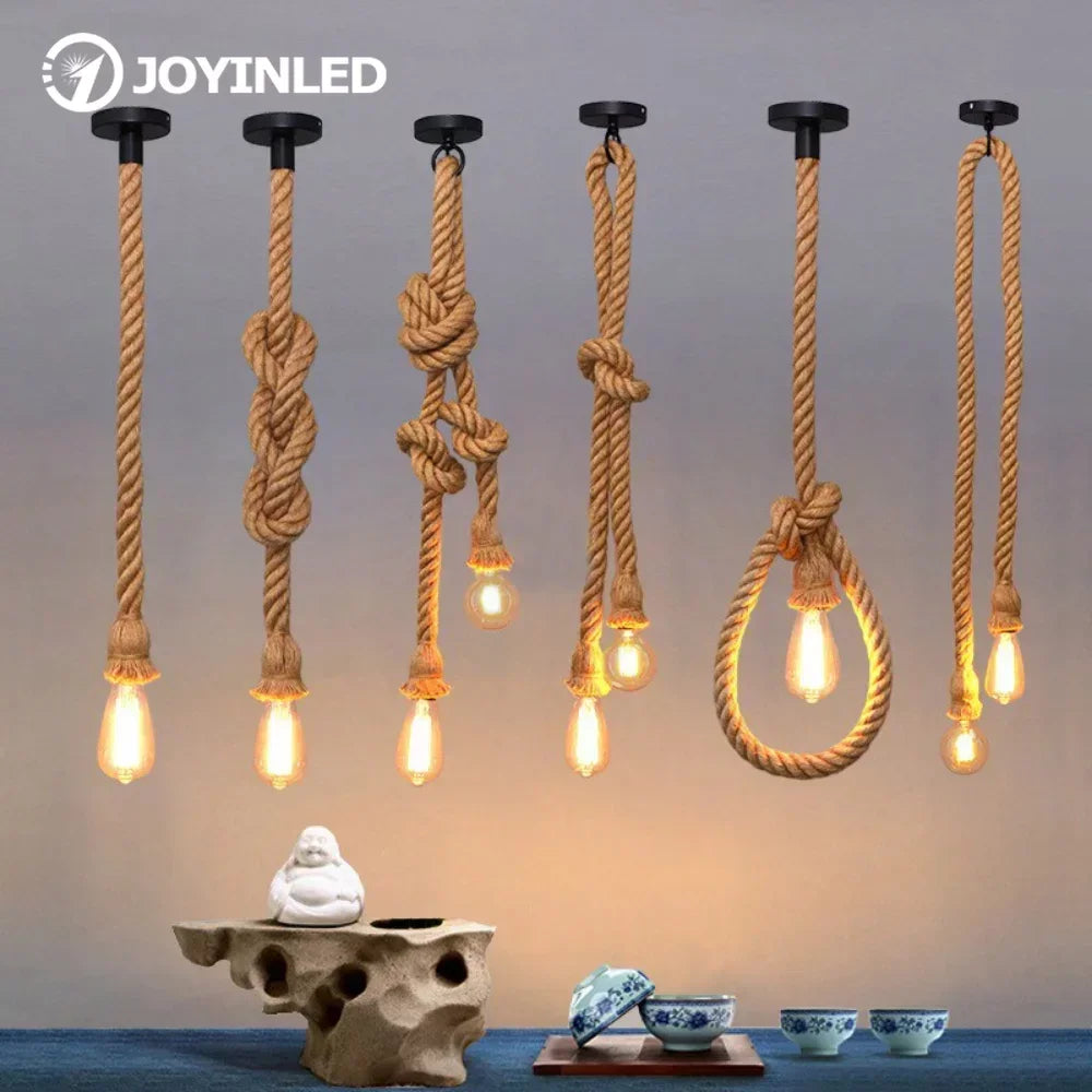 💡 Vintage Hemp Rope Pendant Light – Style Industriel Loft Décor