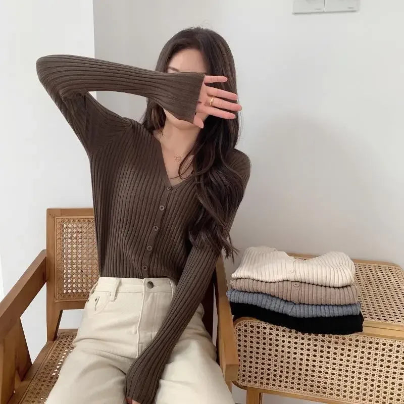 Cardigan Femme Tricoté – Coupe Ample, Col V, Style Printemps