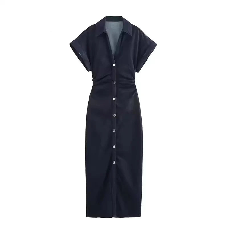 Women's Denim Ruched Midi Dress – Spring/Summer 2025 Casual Streetwear