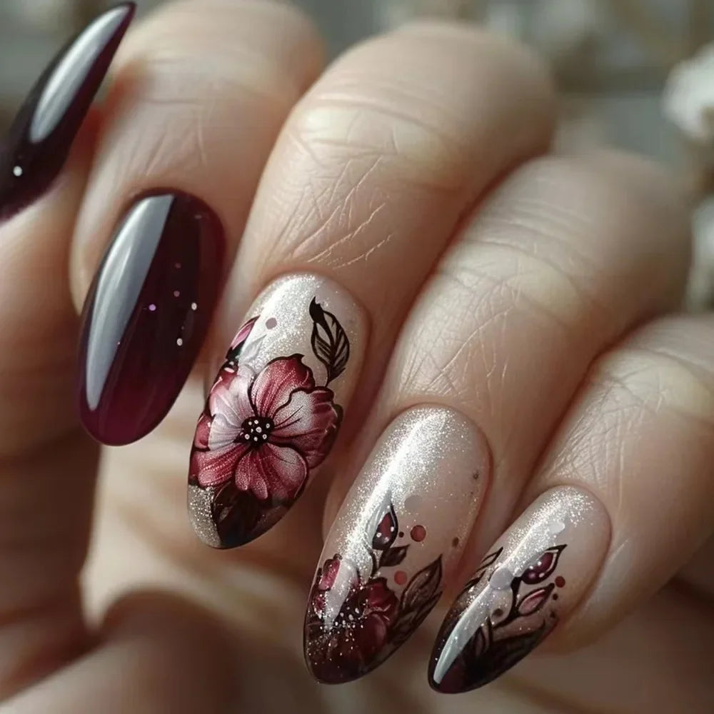 24pcs Matte Almond Press-On Nails with Rose Leaf Design