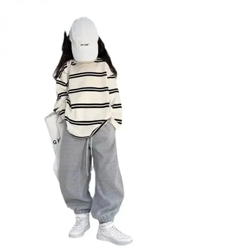Korea Style Kids Outfit 2025 – 2-Piece, Long Sleeve Striped Top & Loose Pants, Girls 6–14Y