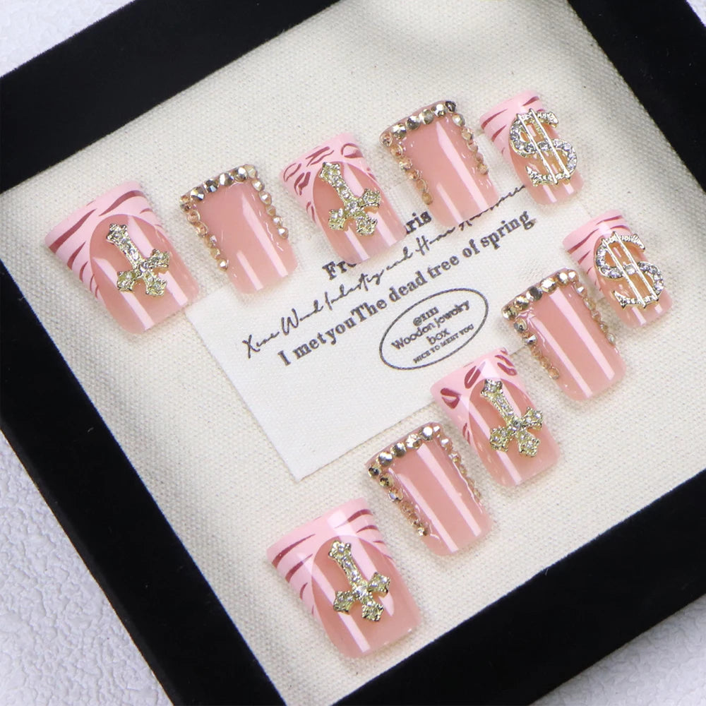 10PCS Y2K French Fake Nails – Short Square, Pointed, Gold Rhinestone & Leopard Print, Acrylic