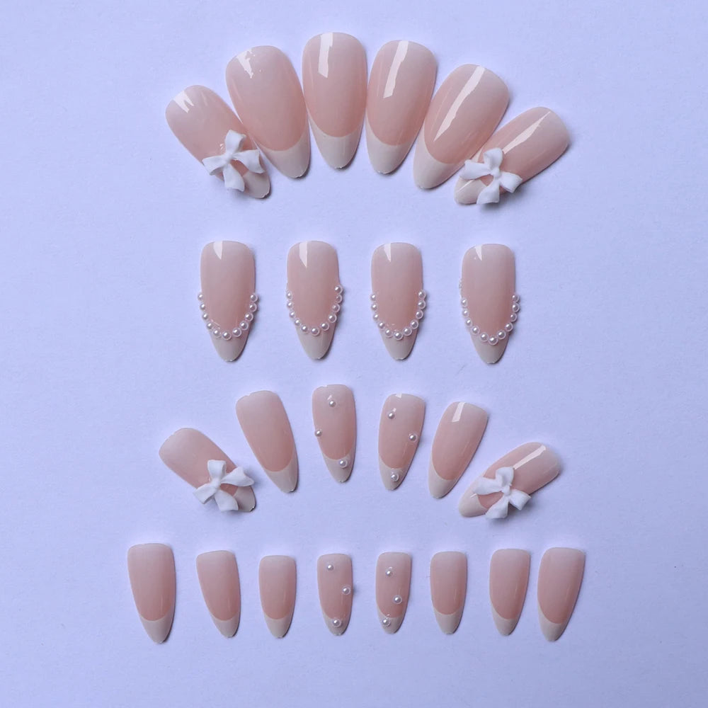 ARTAUG 24PCS Press-On Nails – Medium Stiletto, Pink Bowknot, French Trim, Full Cover