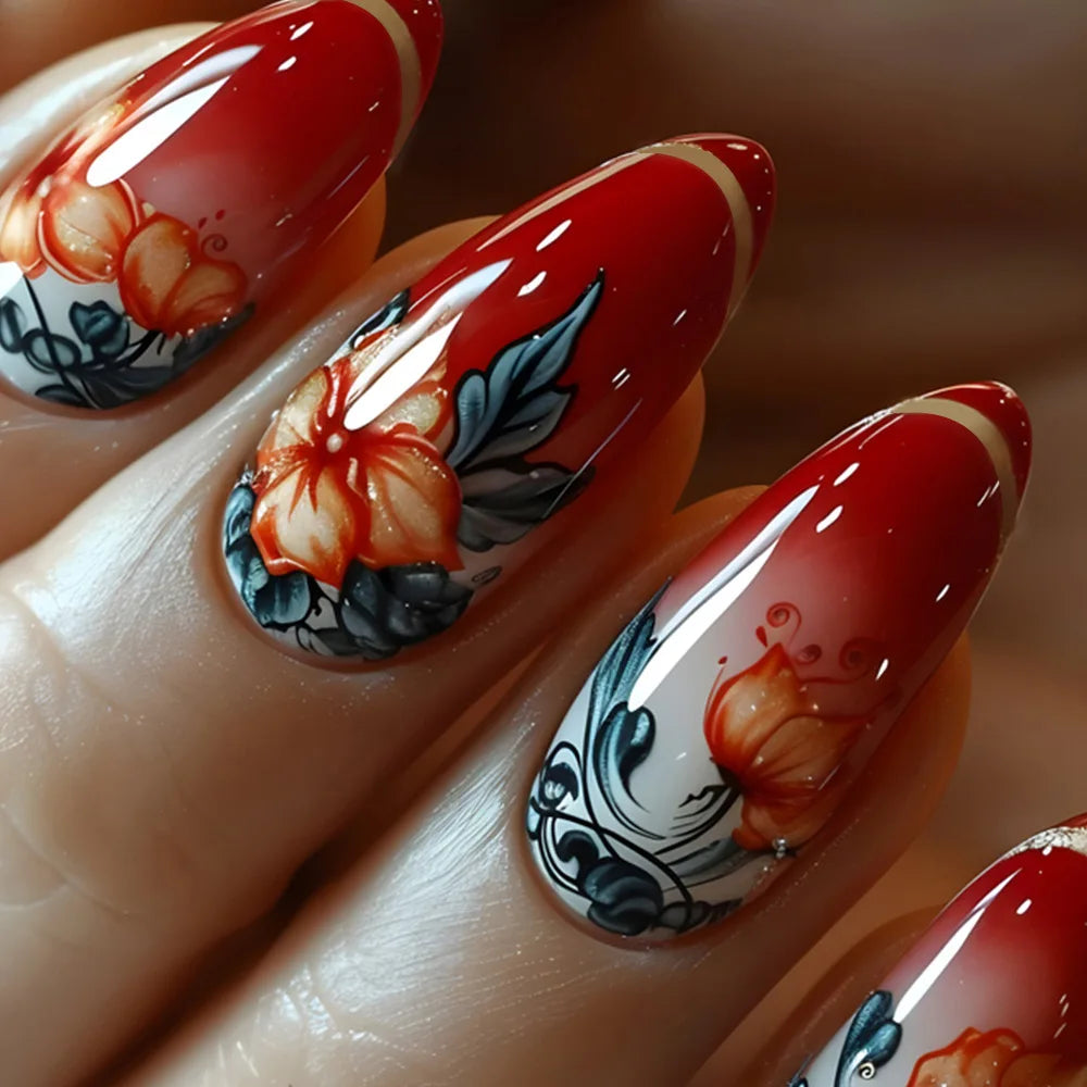 24pcs Matte Almond Press-On Nails with Rose Leaf Design