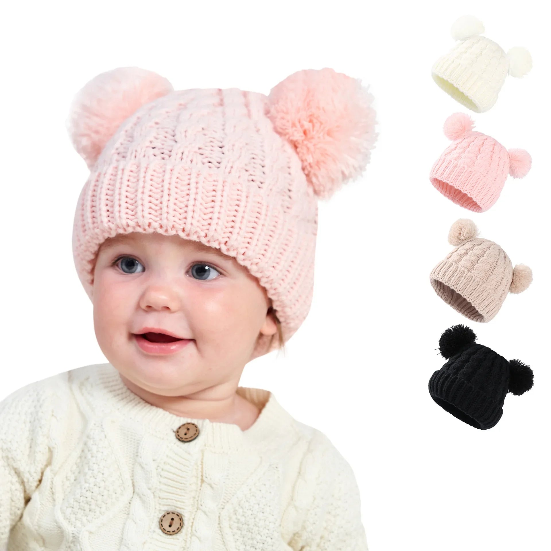 Baby Girl Beanie – Knit, Pompom, Warm, Autumn/Winter, Toddler Hat