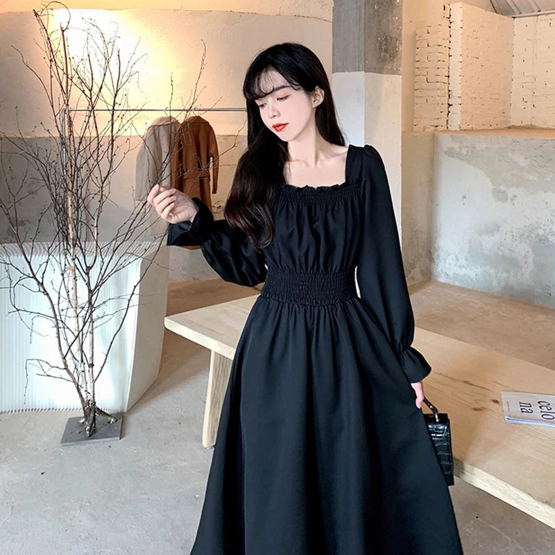 Women Black Square Collar Long Dress Elegant Retro Loose Spring/Autumn