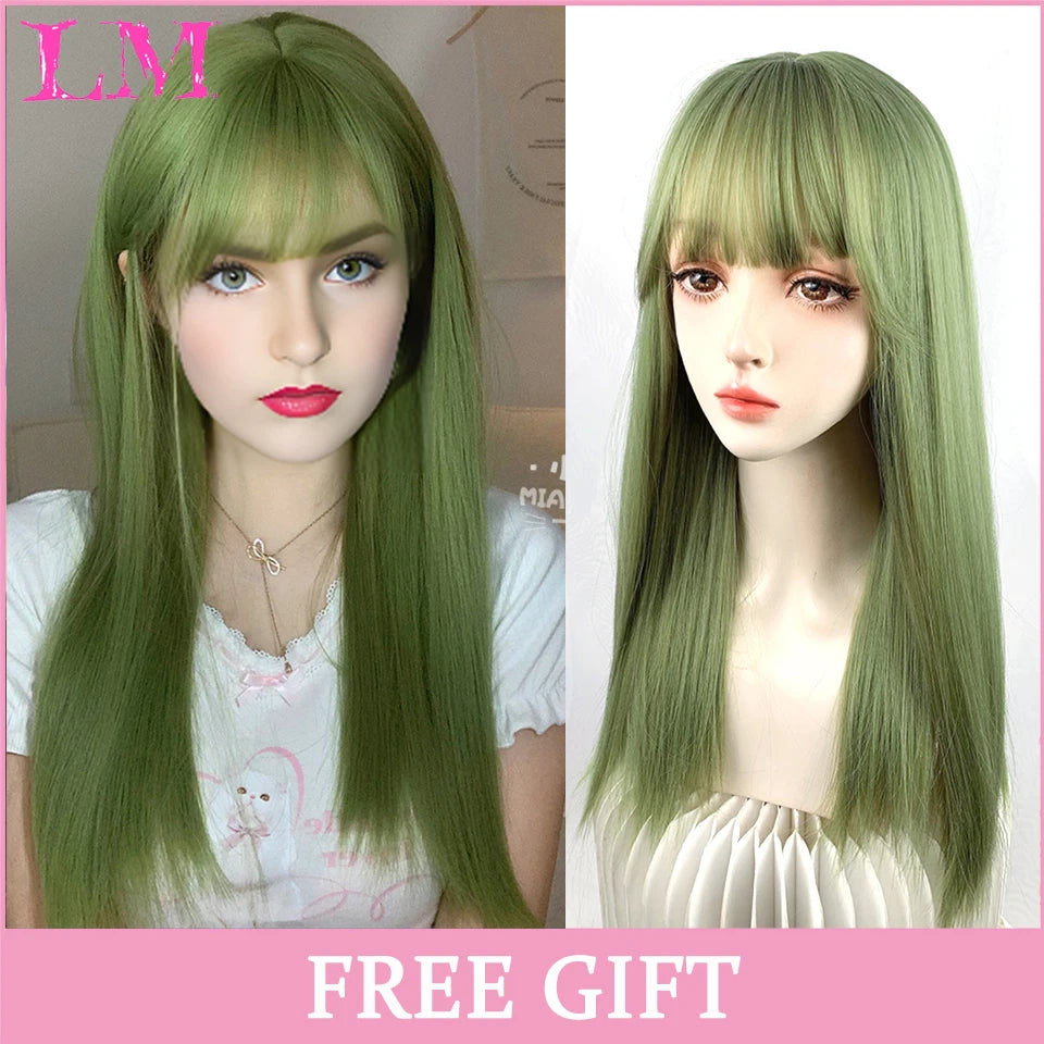 LM Cosplay Wig – 24" Long, Straight Pink, Bangs, Heat-Resistant