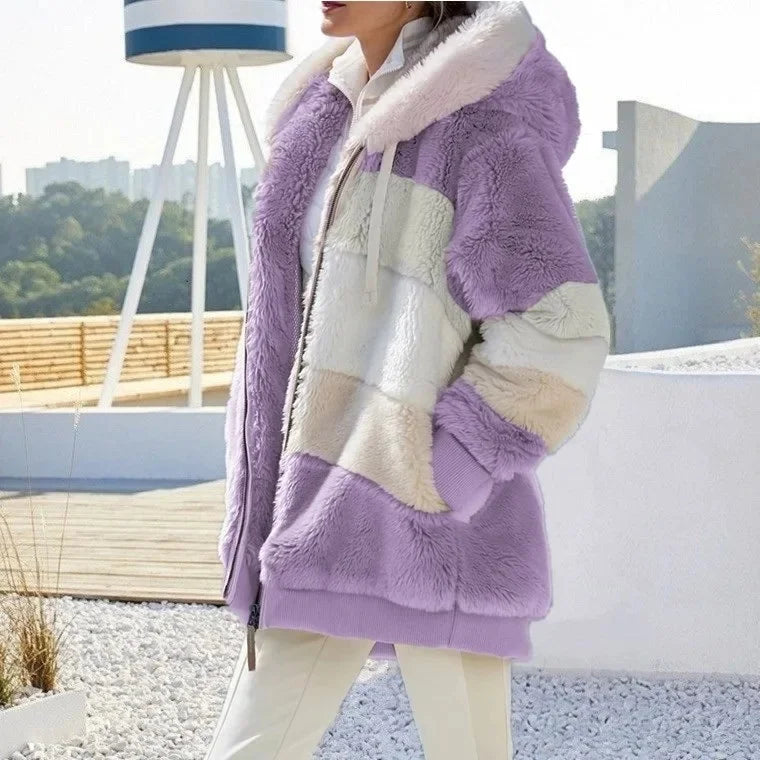 Veste Femme Oversize Polaire – Capuche, Zippée, Poches, Patchwork, Automne/Hiver, Confortable
