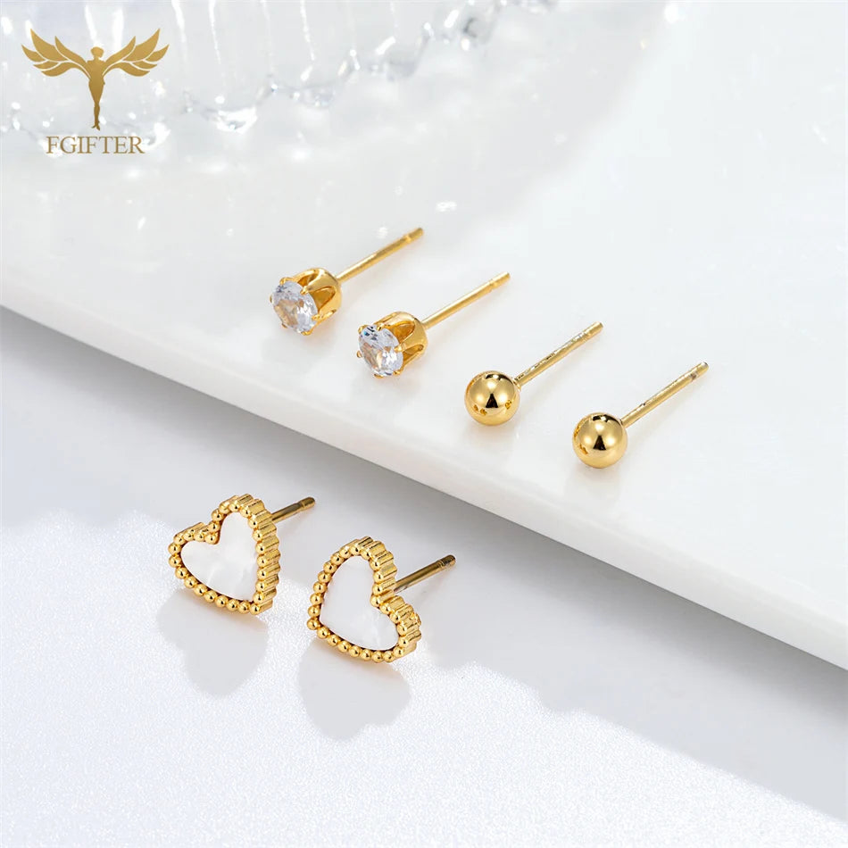 Romantic Heart CZ Ball Stud Earrings – Gold Stainless Steel