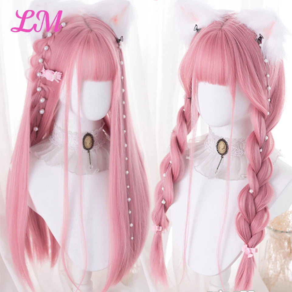 LM Cosplay Wig – 24" Long, Straight Pink, Bangs, Heat-Resistant