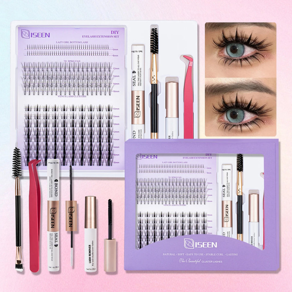 ISEEN DIY Lash Extension Kit – Mixed Styles, Clusters, Includes Bond & Seal, Tweezers & Brush