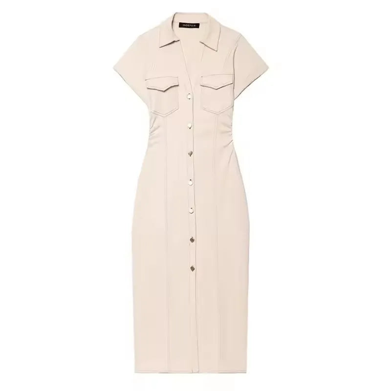 Women's Denim Ruched Midi Dress – Spring/Summer 2025 Casual Streetwear