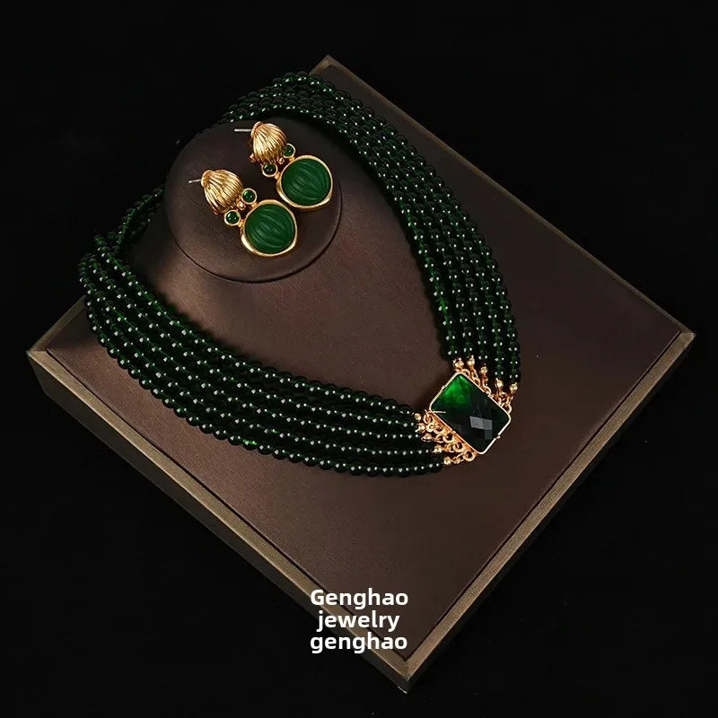Vintage Green Crystal Layered Necklace & Earrings Set