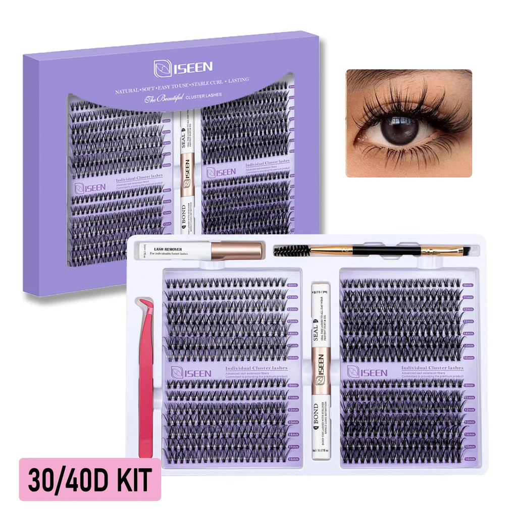 ISEEN DIY Lash Extension Kit – Mixed Styles, Clusters, Includes Bond & Seal, Tweezers & Brush
