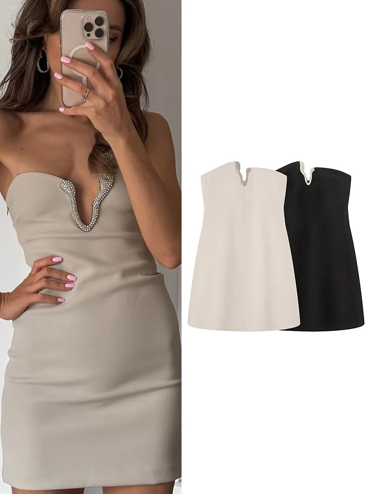 TFMLN Women Strapless Mini Diamond V-Neck Dress