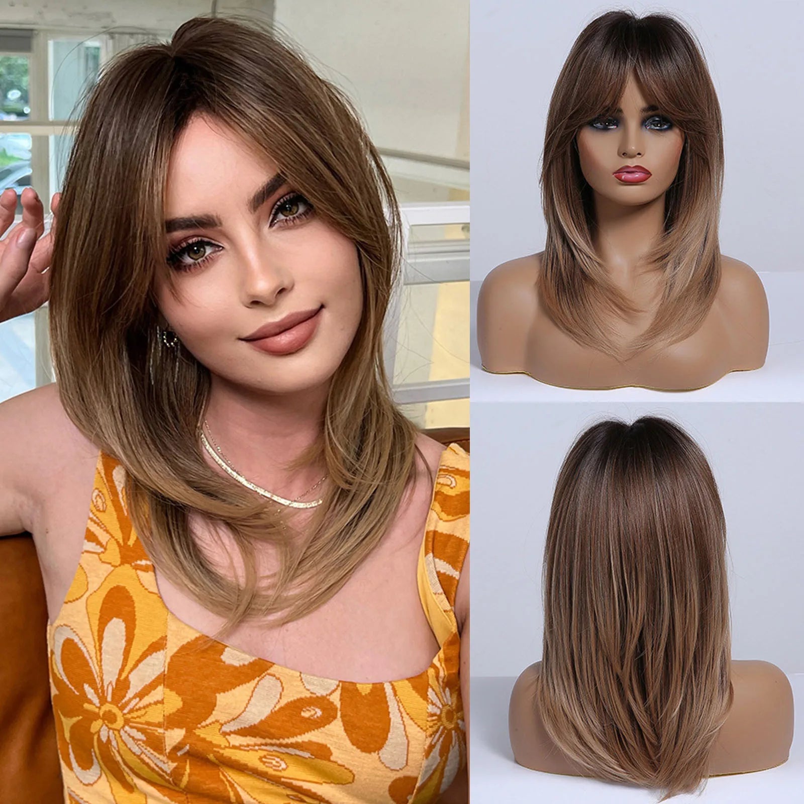 Long Blonde Wig – Straight Layered, Platinum Highlights, Bangs, Synthetic, Heat-Resistant, Daily Use
