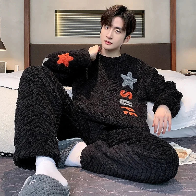 Men's Coral Fleece Pajamas – Thickened, Warm, Two-Piece, Autumn/Winter