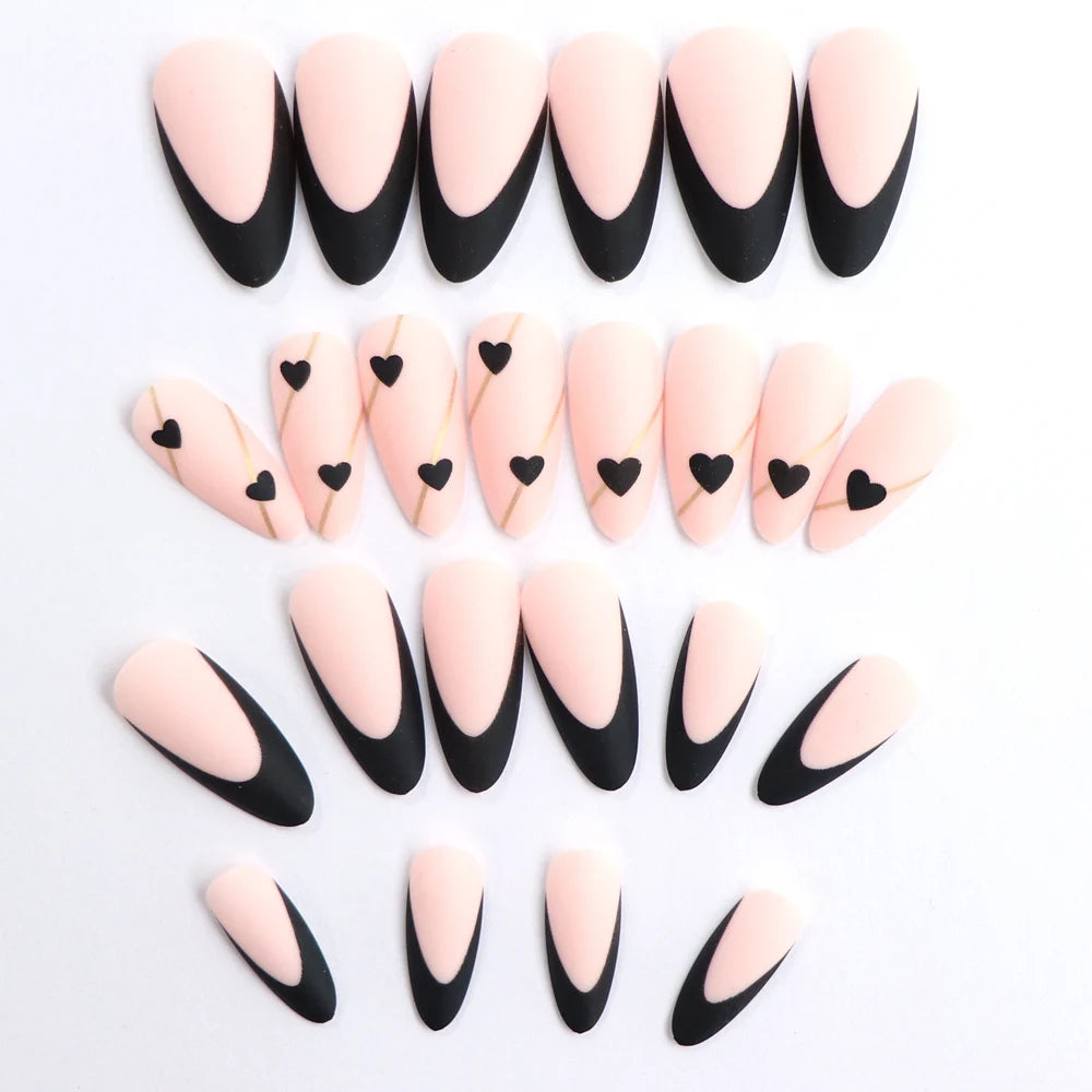 24PCS Black French Fake Nails – Pointed Almond, Heart Design & Gold Line, Acrylic
