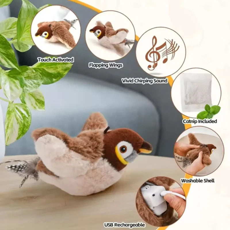 Interactive Plush Bird Toy – Rechargeable, Chirping & Flapping, Touch-Activated for Cats & Dogs