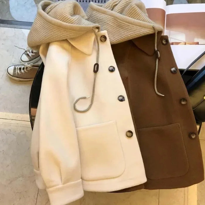 Veste Femme Grande Taille – Hood, Patchwork, Faux Deux-Pièces, Loose, Style Élégant Automne/Hiver