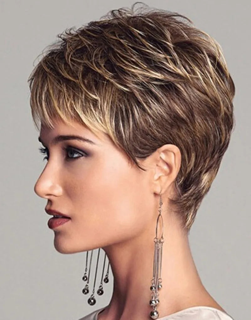 Short Dark Brown Wig – Blonde Highlights, Pixie Cut, Synthetic Layered, Bangs, Natural Look