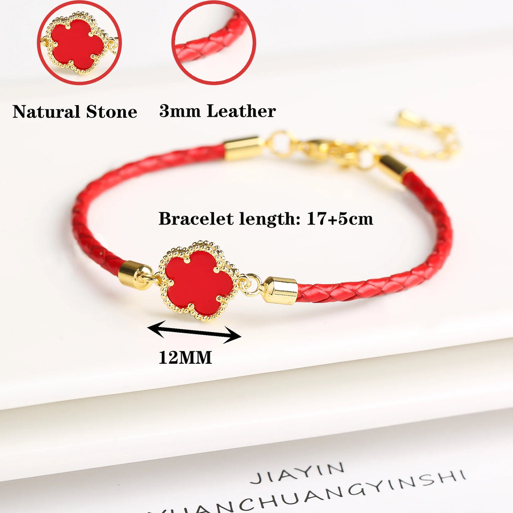 Genuine Leather Five-Leaf Flower Charm Bracelet – Women’s Fashion
