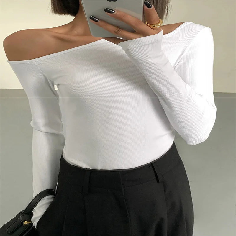 Women’s Off-Shoulder Long Sleeve Crop Top – Slim Fit Hollow Out Tee