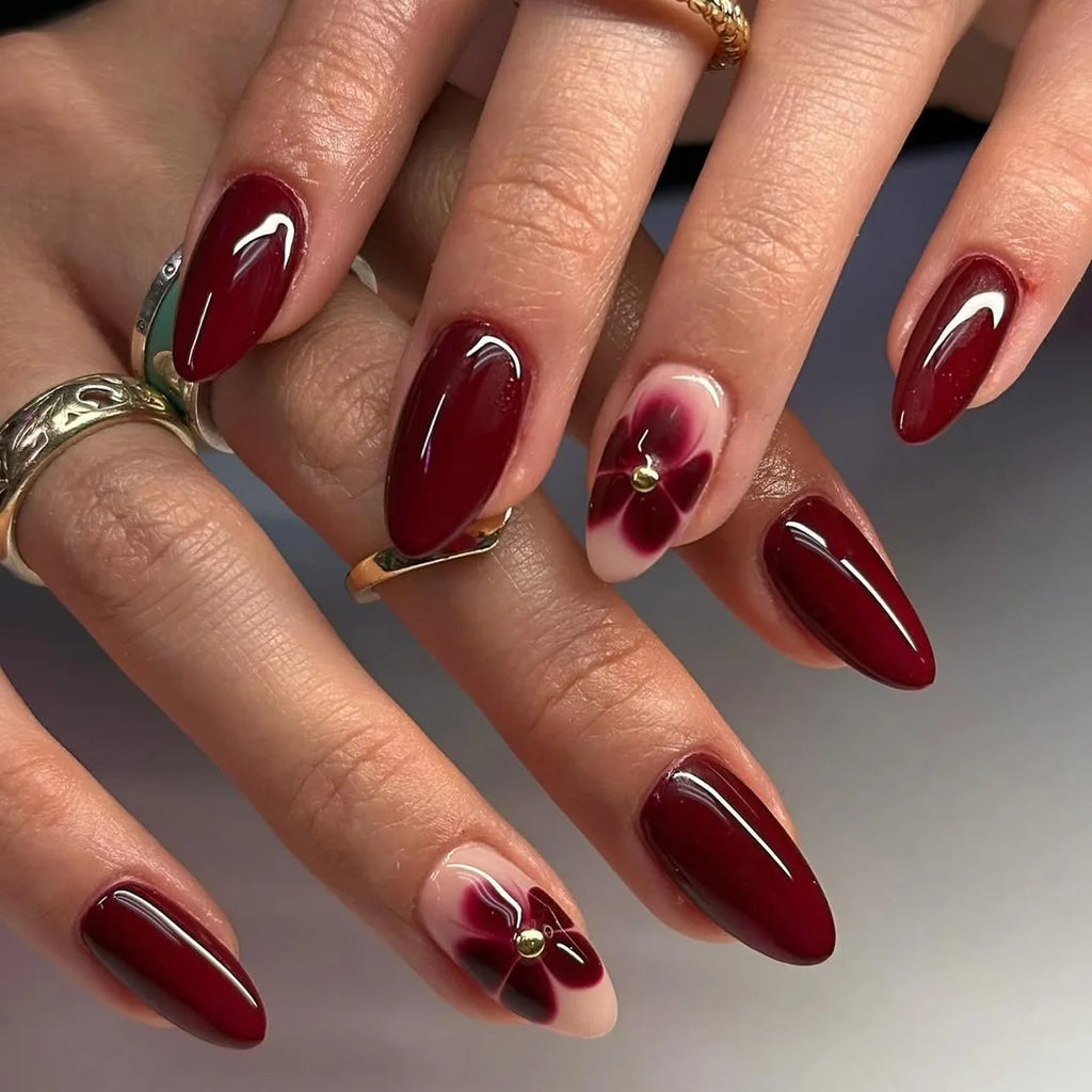 24pcs Matte Almond Press-On Nails with Rose Leaf Design