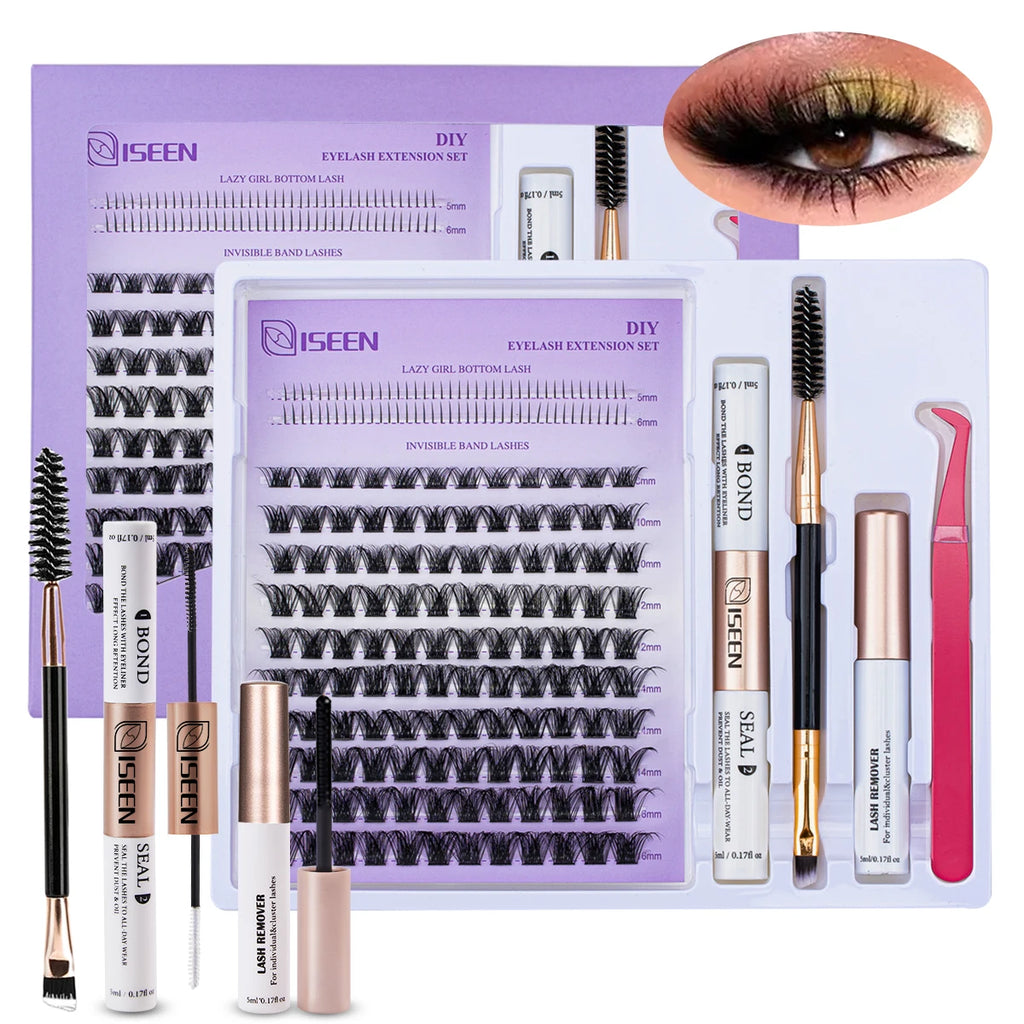 ISEEN DIY Lash Extension Kit – Mixed Styles, Clusters, Includes Bond & Seal, Tweezers & Brush