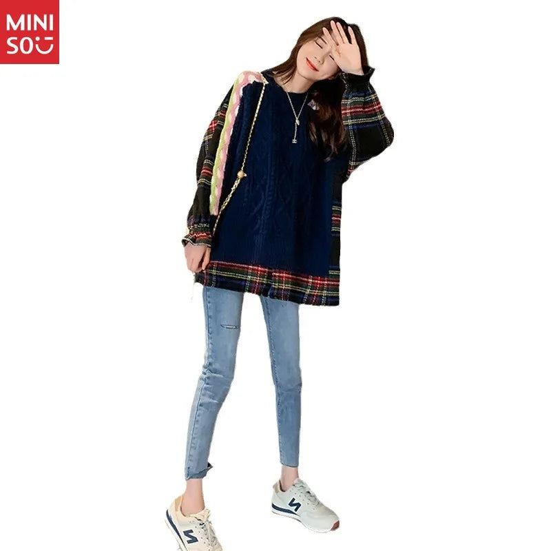 Miniso Oversized Sweater Dress – Patchwork Knit Long Top for Women, Plus Size Casual Style