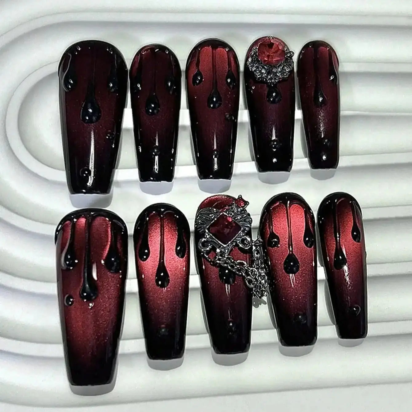 10PCS Dark Red Press-On Nails – Long Tips, Handmade, Cat Eye Glitter & Chains
