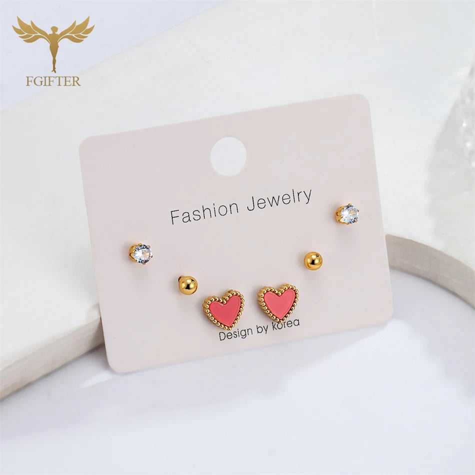 Romantic Heart CZ Ball Stud Earrings – Gold Stainless Steel