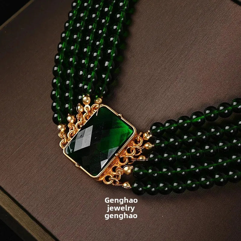 Vintage Green Crystal Layered Necklace & Earrings Set