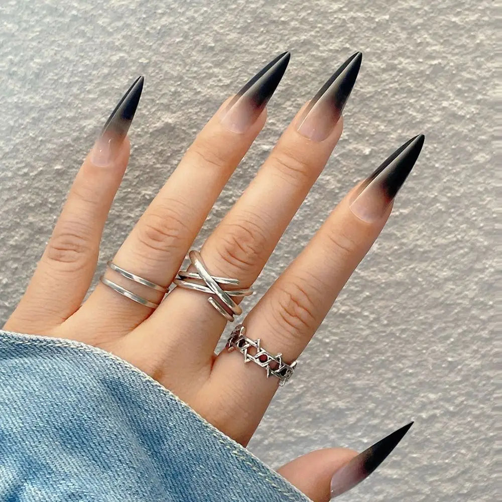 24PCS Stiletto French Fake Nails – White Edge, Aurora, Full Cover, Press-On, DIY Detachable