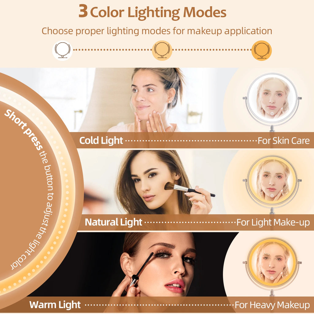 3-Color LED Makeup Mirror – 10X Magnification, 8 Inch, Adjustable Brightness & Height