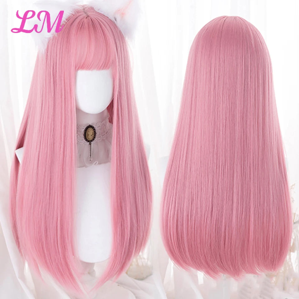 LM Cosplay Wig – 24" Long, Straight Pink, Bangs, Heat-Resistant