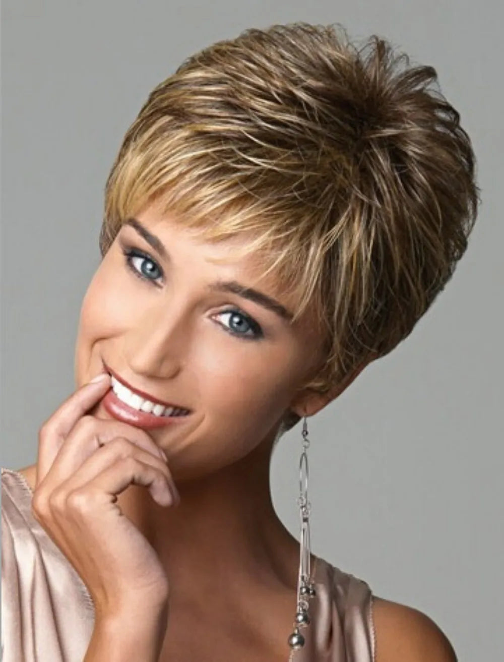 Short Dark Brown Wig – Blonde Highlights, Pixie Cut, Synthetic Layered, Bangs, Natural Look