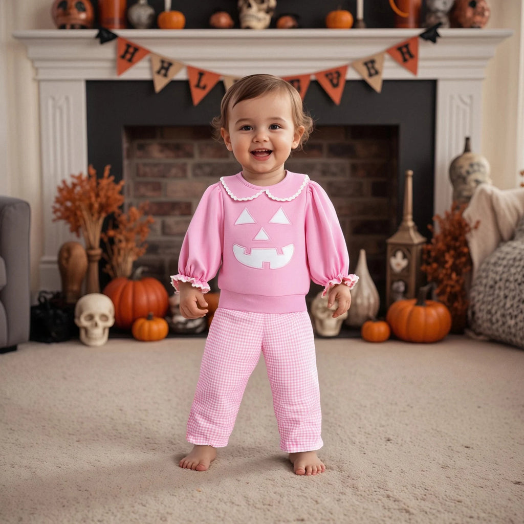 Toddler Girl Halloween Outfit – 2-Piece, Pumpkin Embroidery, Long Sleeve Top & Plaid Pants