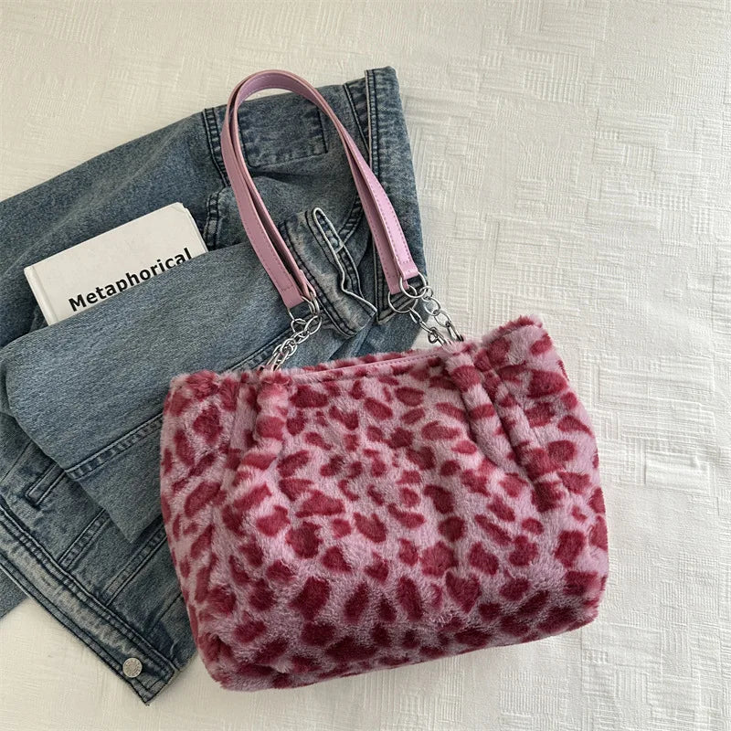 Winter Leopard Print Plush Shoulder Bag – Chic & Spacious Women’s Handbag