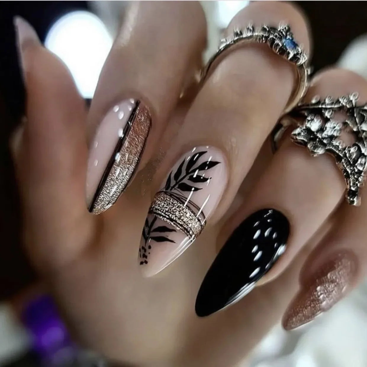 24pcs Matte Almond Press-On Nails with Rose Leaf Design