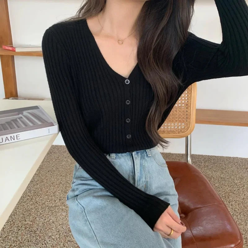 Cardigan Femme Tricoté – Coupe Ample, Col V, Style Printemps