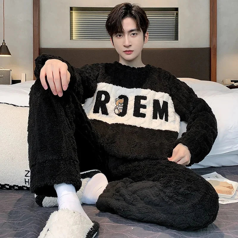 Men's Coral Fleece Pajamas – Thickened, Warm, Two-Piece, Autumn/Winter