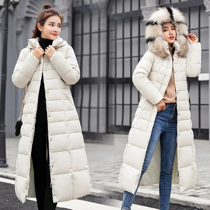 Veste Femme Coréenne Épaissie – Longue, Col Fourrure, Slim, Capuche, Coton Hiver