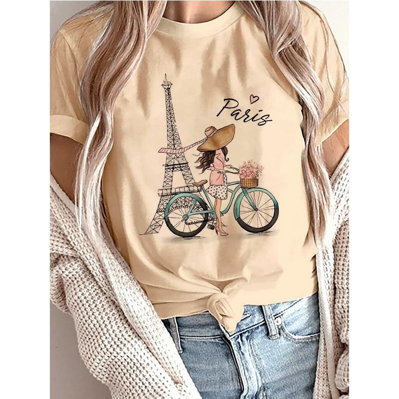 Casual Women's Short Sleeve Graphic T-Shirt – "Bonjour Paris" Print