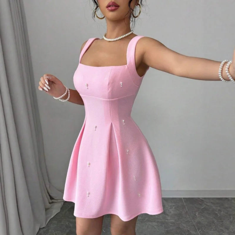Summer Women Pink Pearl A-Line Dress