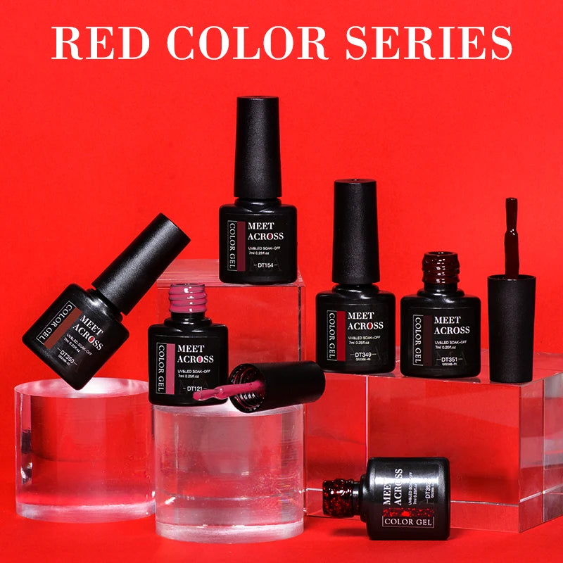 MEET ACROSS 7ml Red Gel Nail Polish – Crystal, Semi-Permanent, UV Soak-Off, Matte Top/Base Coat