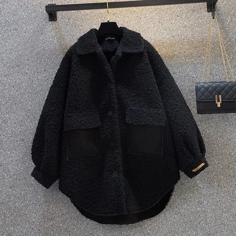 Veste Femme Grande Taille – Fourrure d’Agneau Épaissie, Style Hong Kong Chic, Slim, Automne/Hiver, Tendance Urbaine