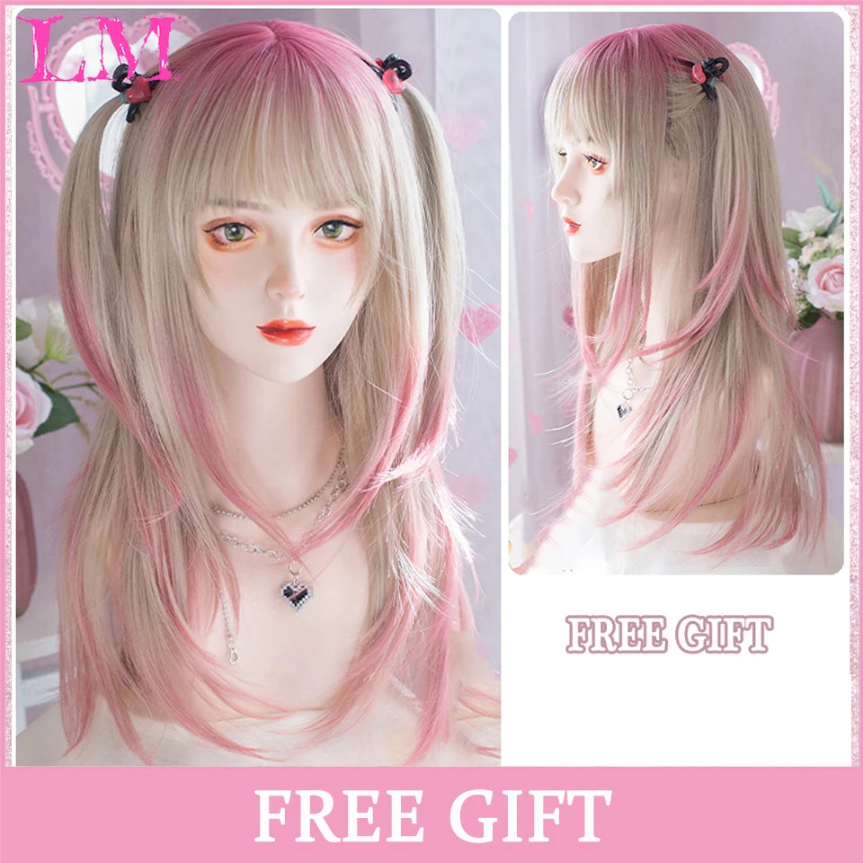 LM Cosplay Wig – 24" Long, Straight Pink, Bangs, Heat-Resistant
