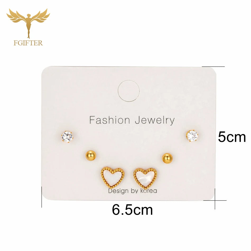 Romantic Heart CZ Ball Stud Earrings – Gold Stainless Steel