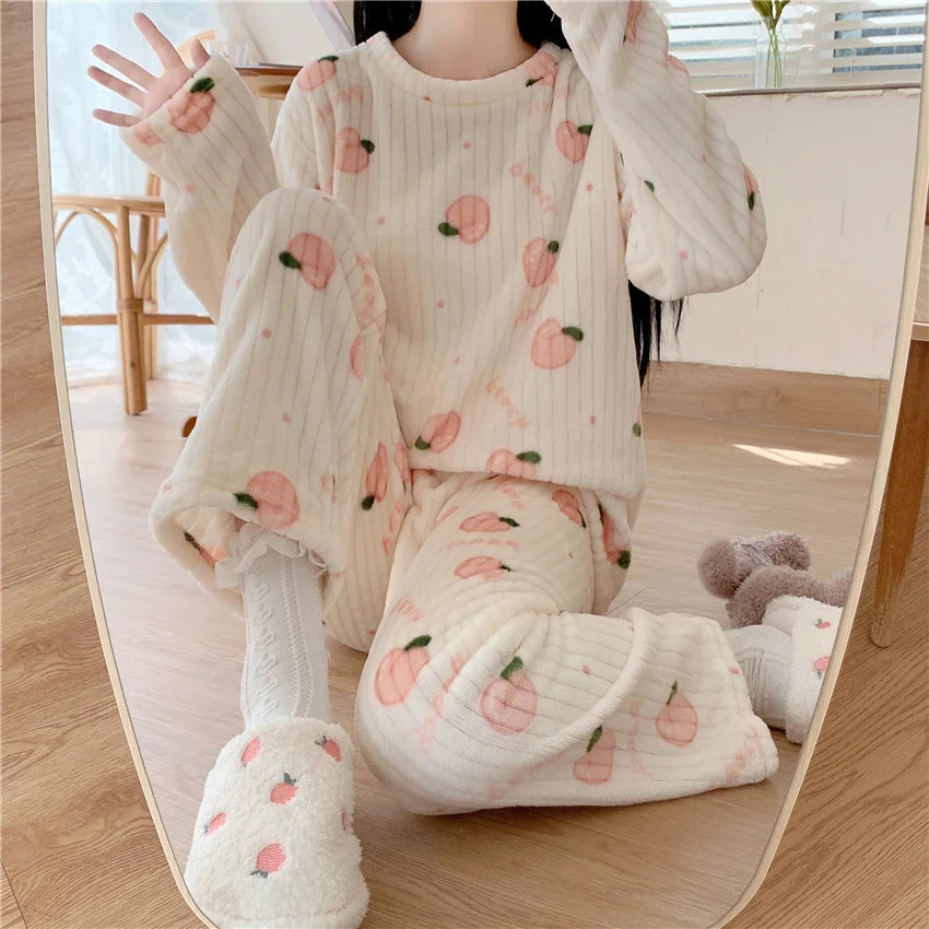 Cute Bear & Rabbit Pink Velvet Pajama Set